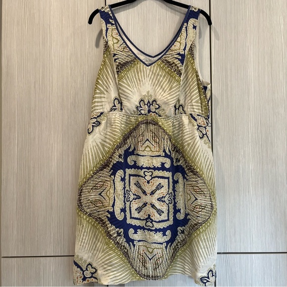 Anthropologie Edme & Esyllte Silk Kerchief Mini Dress – Blue/Green Geo – Large - Picture 2 of 14